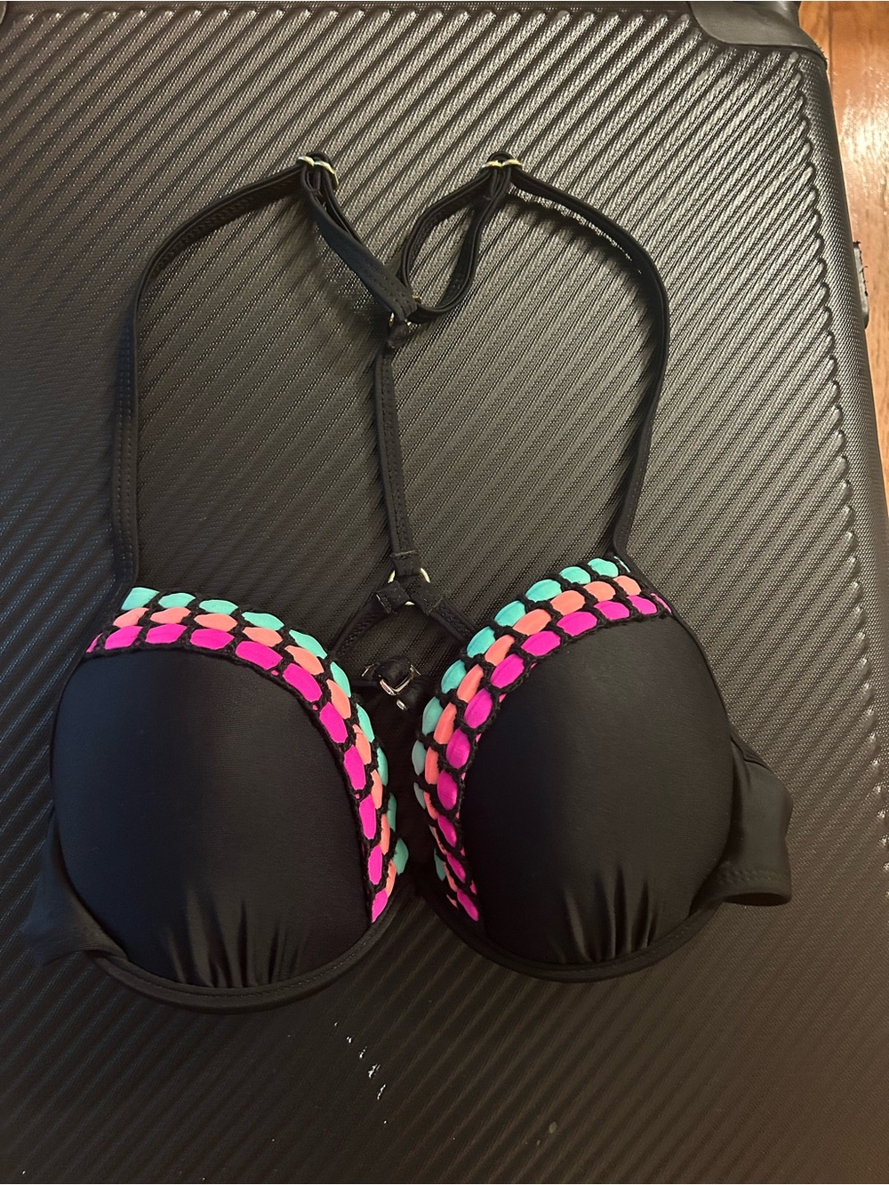 Black Bikini Swim Top with Pink & Aqua Trim